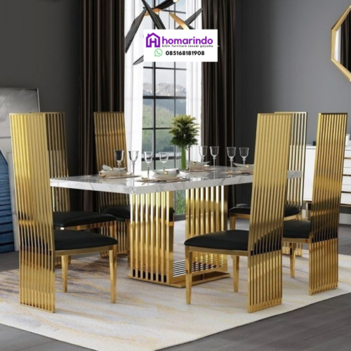 Meja Makan Stainless Steel Kaki Gold Marmer Putih Meja Makan Stainless Steel Kaki Gold Marmer Putih