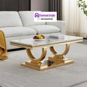Meja Tamu Stainless Gold Kaki Semi-Circular Elegan dengan Top Marmer