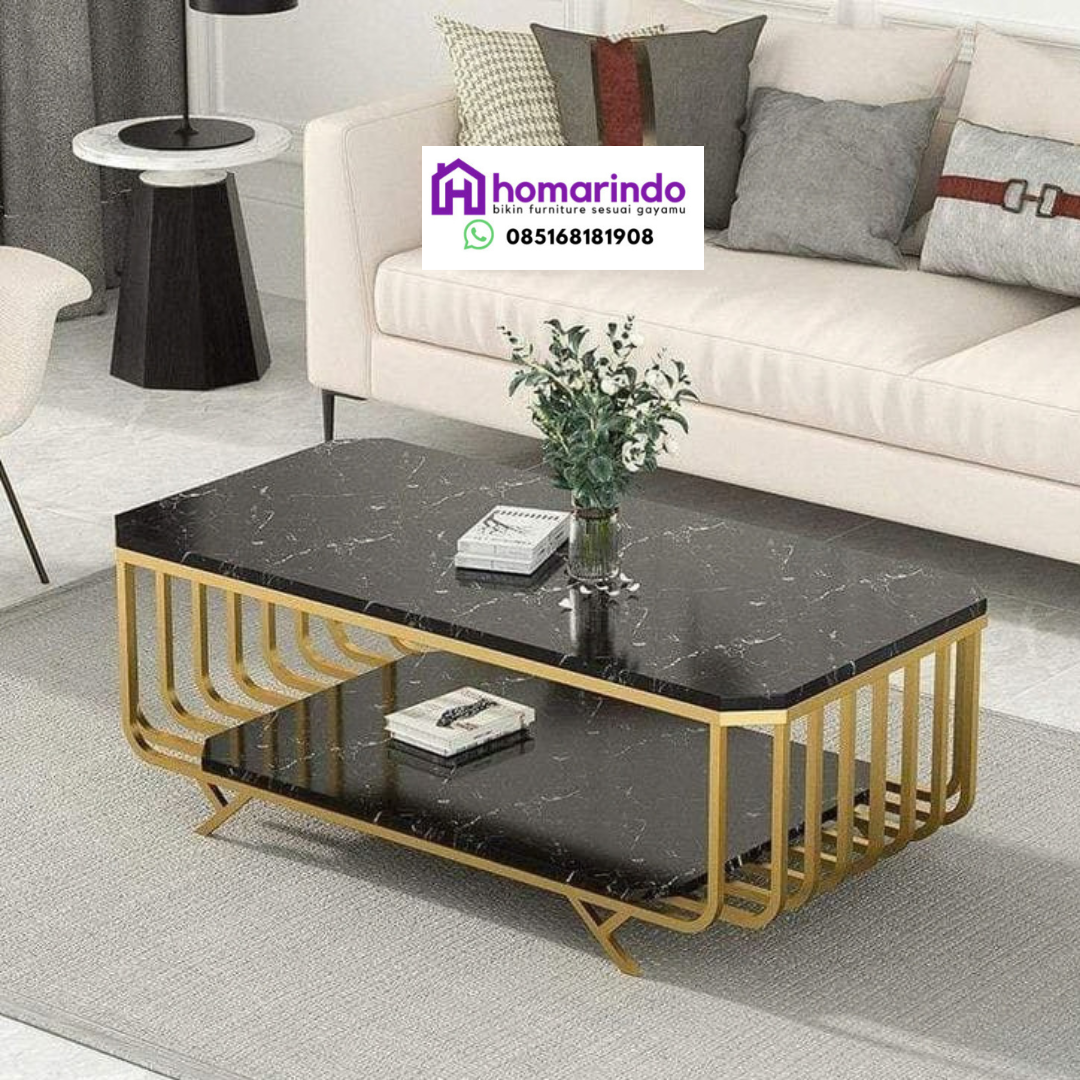 Meja Tamu Stainless Gold Marmer Hitam Dua Susun Mewah
