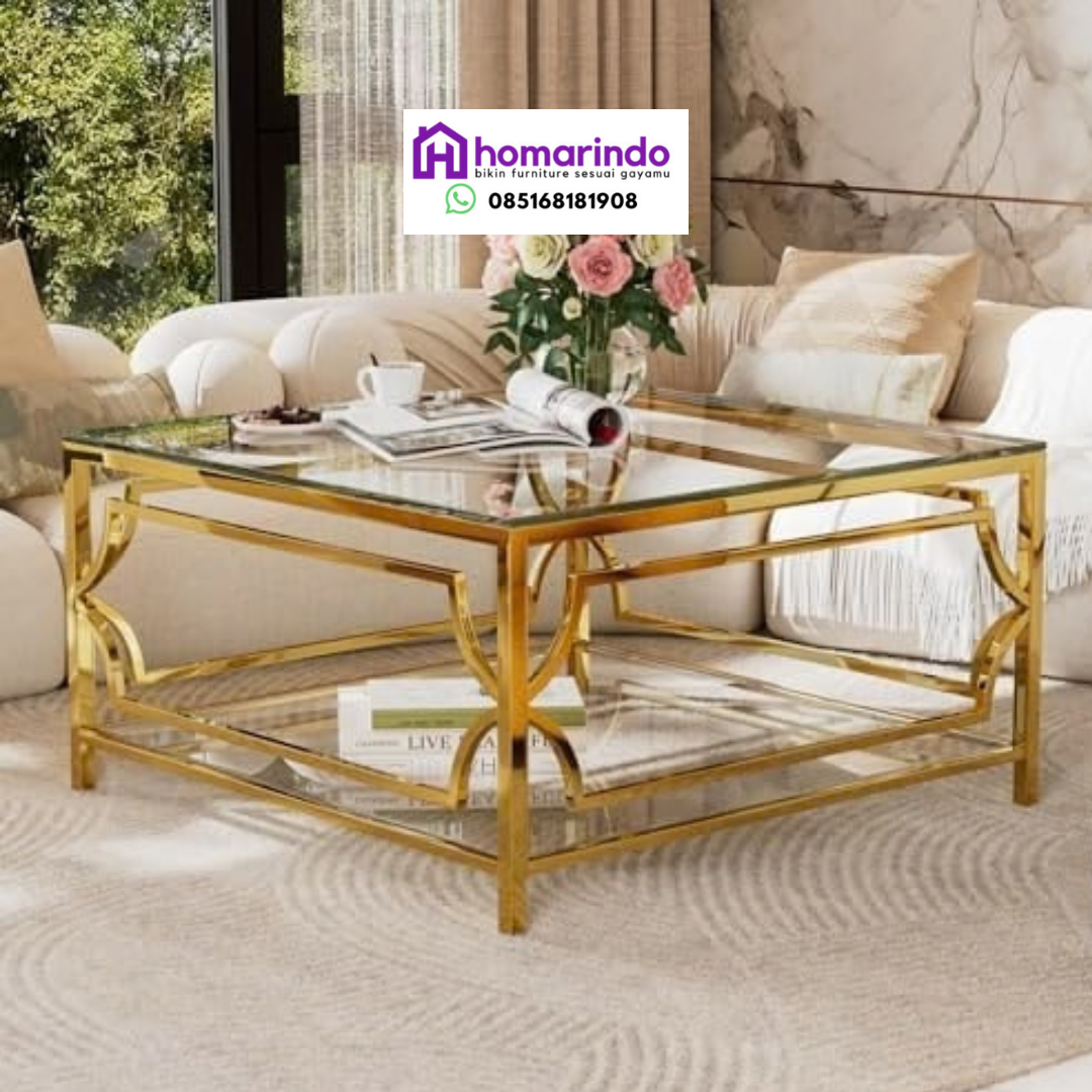 Meja Tamu Stainless Gold Kaca Tempered Mewah Modern