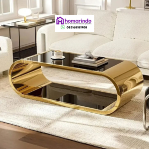Meja Tamu Stainless Gold Mewah Oval Top Glass