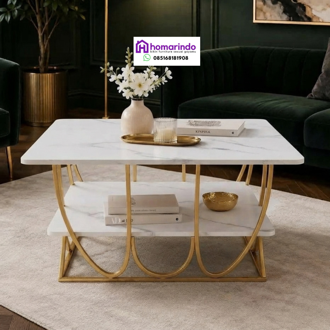 Meja Tamu Stainless Mewah Bermotif Marmer Elegan