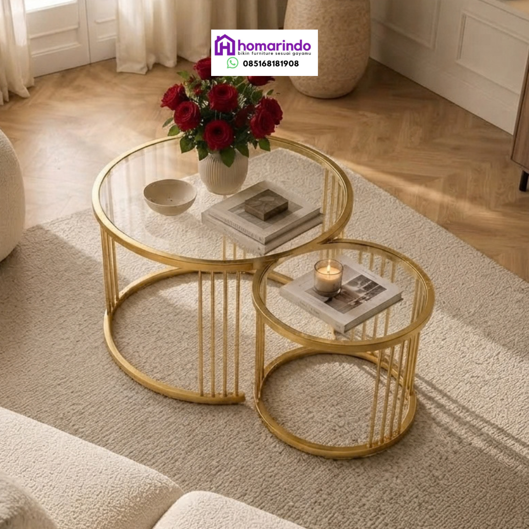 Meja Tamu Stainless Gold Mewah Minimalis Set 2 Susun