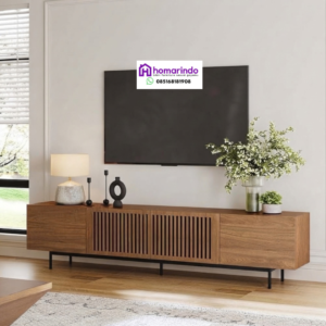 Bufet TV Kayu Minimalis Modern Estetik dengan Aksen Kisi-Kisi Kayu & Kaki Besi Hitam
