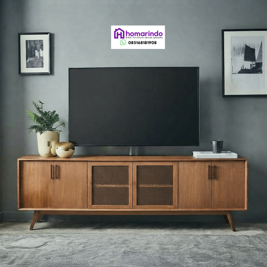 Meja TV Minimalis Kayu Jati Kombinasi Rotan Alami
