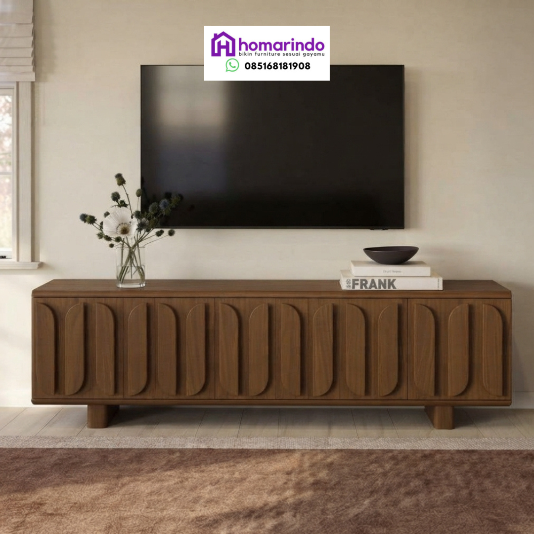 Meja TV Minimalis Modern Kayu Jati Solid dengan Desain Pintu Beralur