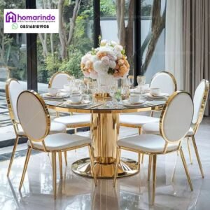 Meja Makan Stainless Steel Bundar Mewah Kaki Silinder Emas