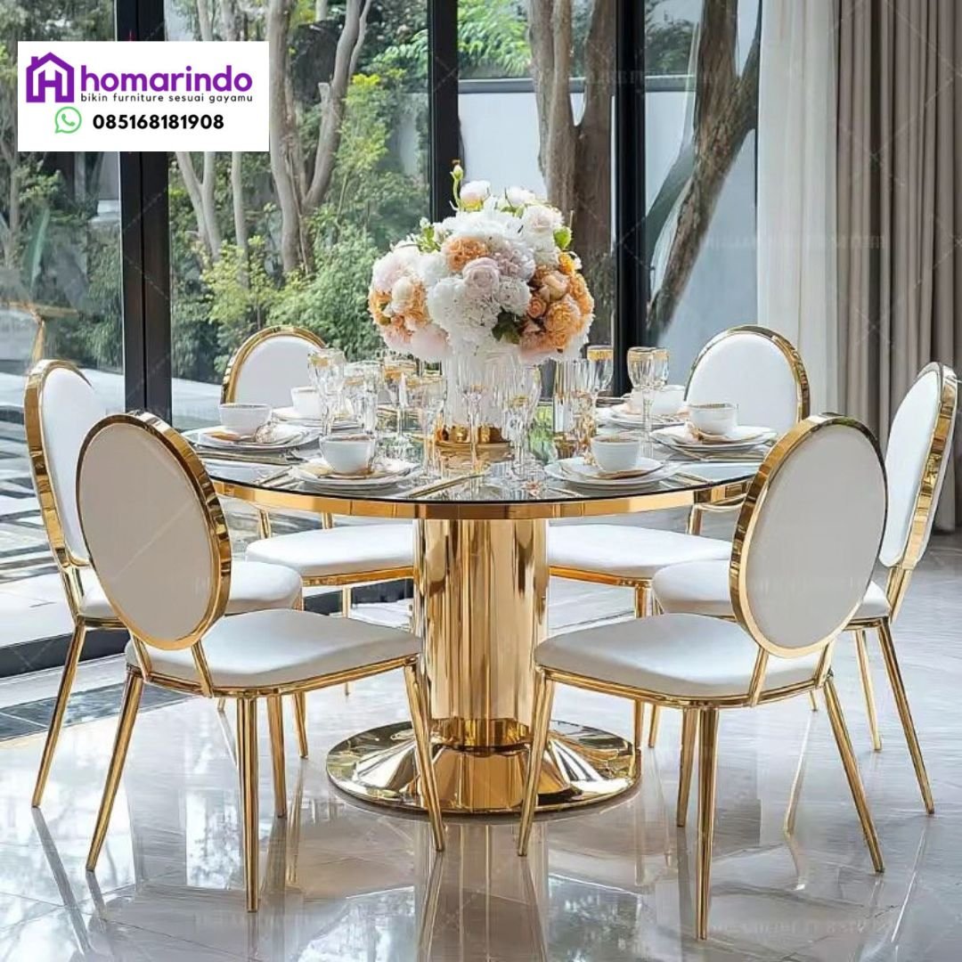 Meja Makan Stainless Steel Bundar Mewah Kaki Silinder Emas 1 Meja Makan Stainless Steel Bundar Mewah Kaki Silinder Emas