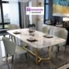 Meja Makan Stainless Steel Mewah Kombinasi Marmer dan Kursi Elegan