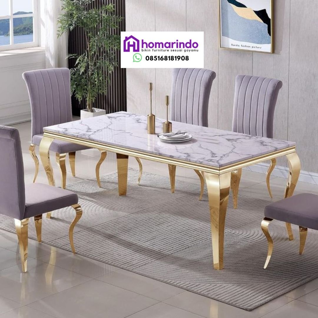 Meja Makan Stainless Steel Mewah Kombinasi Marmer dan Kursi Velvet Elegan