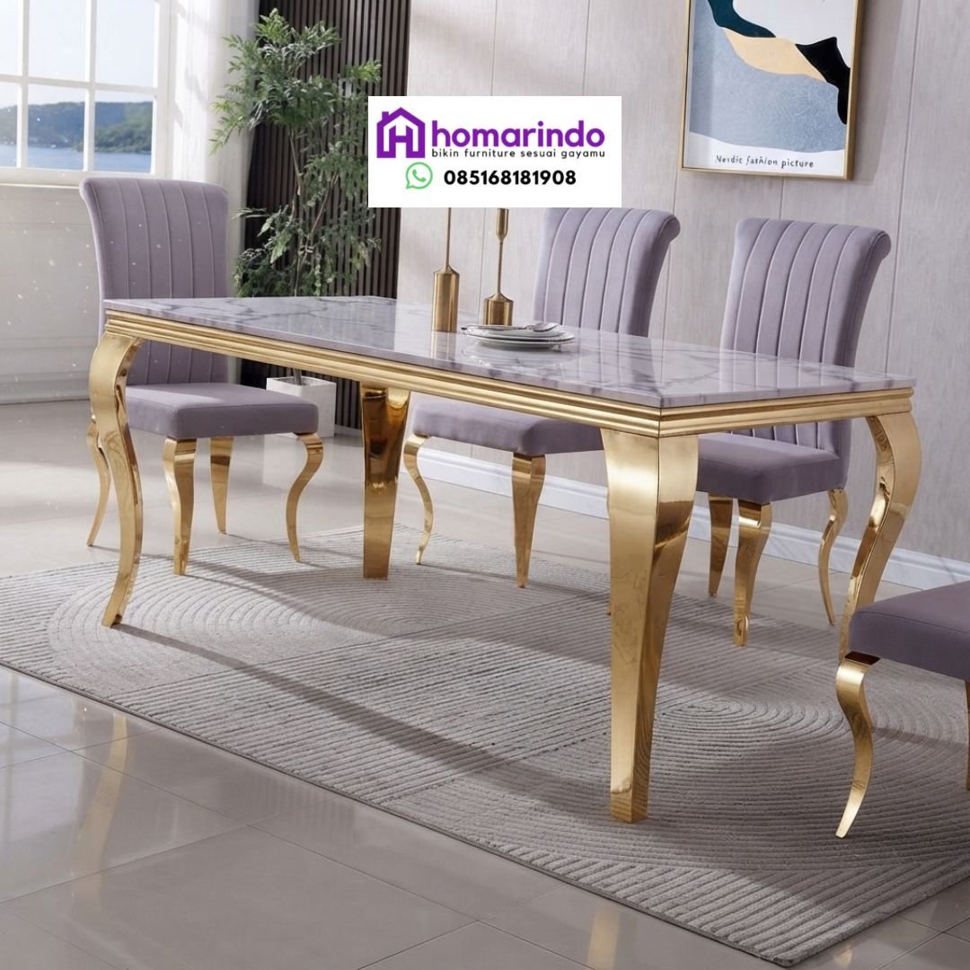 Meja Makan Stainless Steel Mewah Kombinasi Marmer dan Kursi Velvet Elegan Meja Makan Stainless Steel Mewah Kombinasi Marmer dan Kursi Velvet Elegan