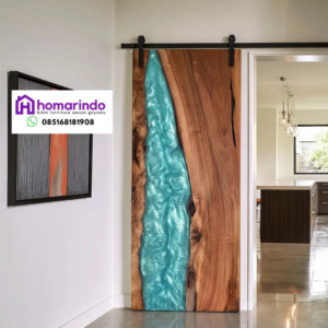 Pintu Resin Geser Estetik Kombinasi Kayu Alami 