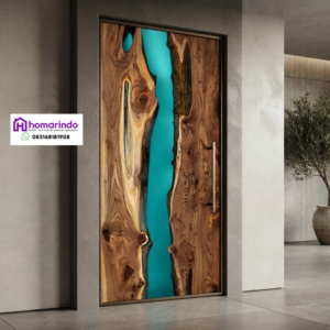 Pintu Resin Kombinasi Kayu Alami dengan Aksen Toska Biru