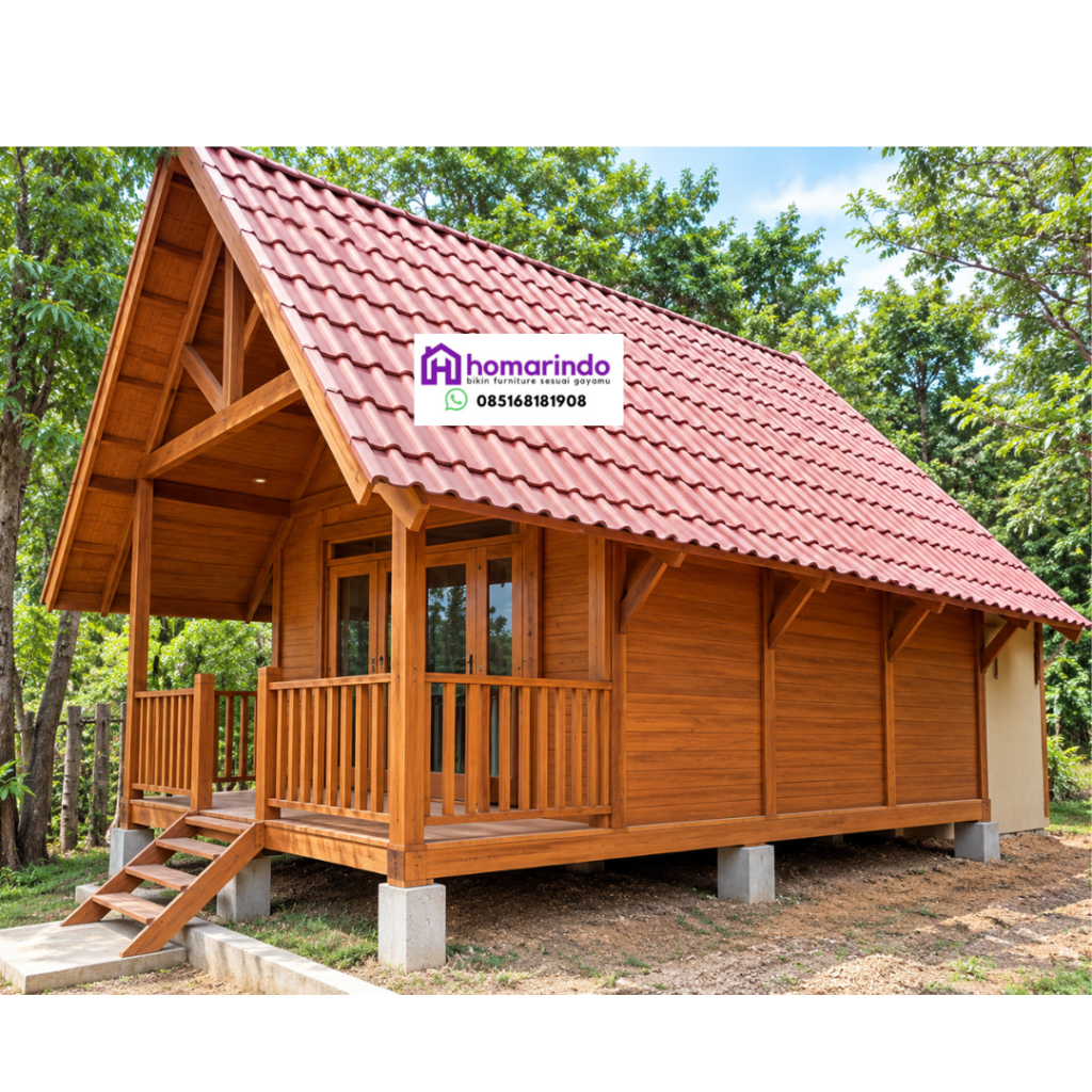7 Keunggulan Rumah Kayu Jati 1 7 Keunggulan Rumah Kayu Jati Model Pelana dengan Teras Depan Luas