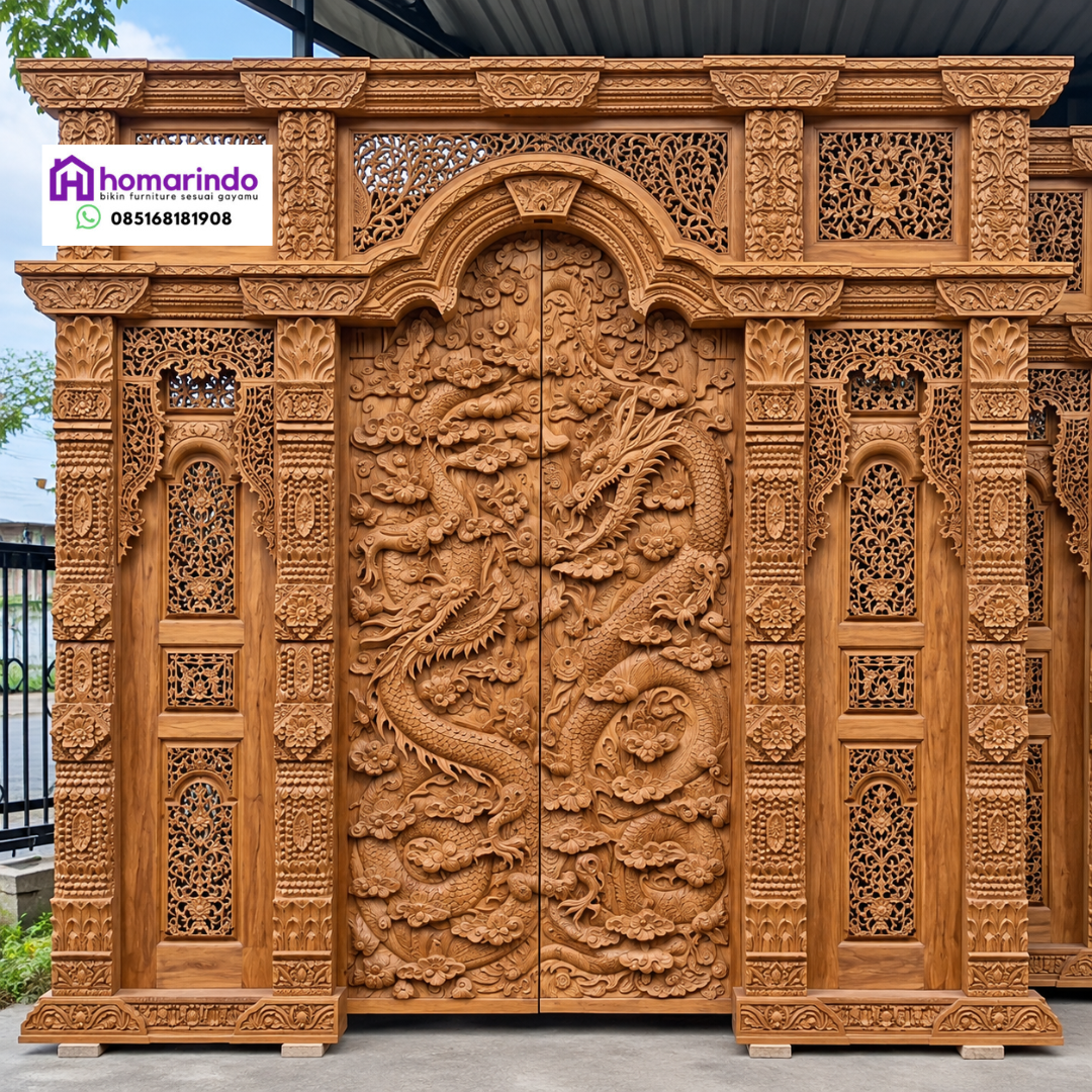 Pintu Gebyok Ukir Naga Kayu Jati Klasik Mewah