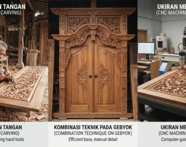 1. Perbedaan dari Proses Pengerjaan Ukiran Perbedaan pertama terlihat dari proses pembuatannya. Ukiran tangan mengandalkan keterampilan pengrajin yang menggunakan berbagai alat pahat untuk membentuk motif secara bertahap. Pengrajin membaca pola, menentukan kedalaman, kemudian mengembangkan detail dari bidang kayu secara langsung. Sebaliknya, ukiran mesin, khususnya yang menggunakan CNC, mengandalkan perangkat komputer dan mesin untuk mengikuti pola digital yang sudah dibuat sebelumnya. Proses tersebut memungkinkan mesin menghasilkan motif berdasarkan koordinat dan desain yang telah ditentukan. Meskipun demikian, bukan berarti salah satu metode selalu lebih baik untuk semua kebutuhan. Mesin memiliki keunggulan pada konsistensi dan pengulangan desain. Sementara itu, tangan pengrajin memberikan ruang lebih besar untuk sentuhan artistik selama proses pengerjaan. Pada pintu gebyok berukuran besar, kombinasi kedua teknik juga dapat menjadi pilihan. Bagian dasar motif dapat dibuat dengan bantuan mesin, kemudian pengrajin menyelesaikan detail tertentu secara manual. Dengan demikian, proses produksi menjadi lebih efisien sekaligus tetap mempertahankan karakter ukiran.
