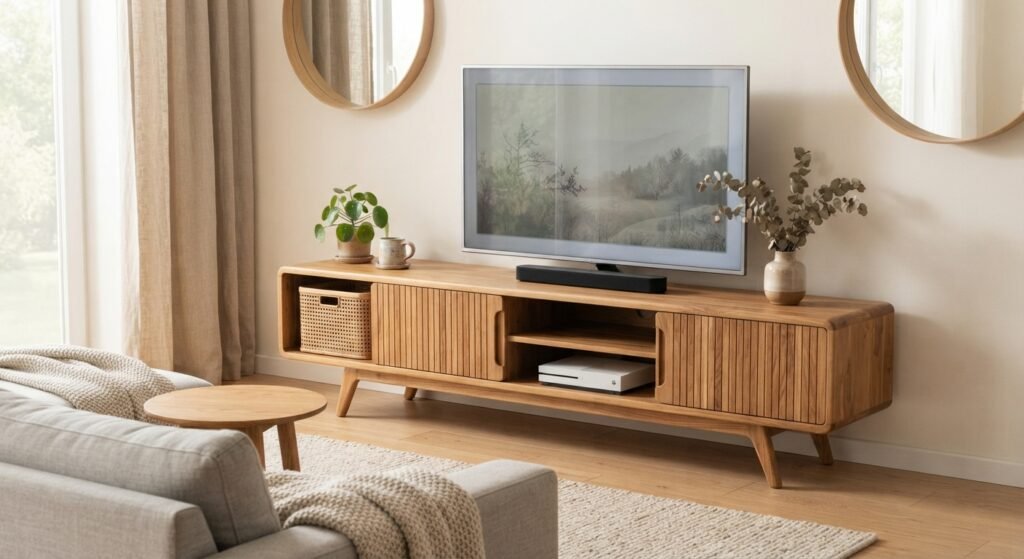 5 Panduan Lengkap Meja TV Kayu Jati: Investasi Estetik & Fungsional untuk Ruang Keluarga 2 Meja TV Minimalis Modern (Gaya Skandinavia & Japandi)