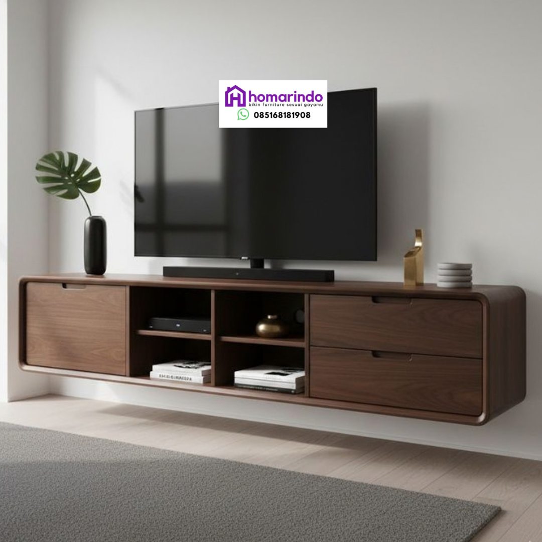 Meja TV Gantung Minimalis Modern Kayu Jati Solid Desain Melengkung Elegan Meja TV Gantung Minimalis Modern Kayu Jati Solid Desain Melengkung Elegan
