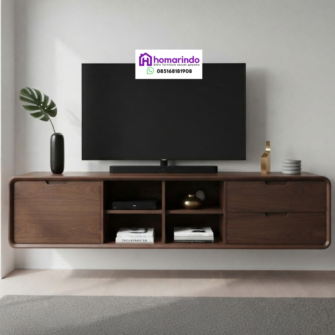 Meja TV Gantung Minimalis Modern Kayu Jati Solid Desain Melengkung Elegan
