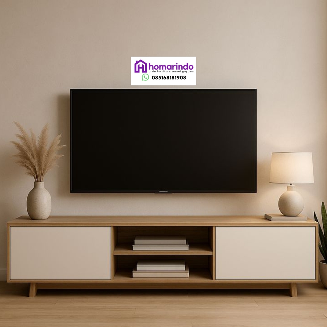 Meja TV Credenza Minimalis Modern Kayu Light Oak & Pintu Kabinet Putih Meja TV Credenza Minimalis Modern Kayu Light Oak & Pintu Kabinet Putih