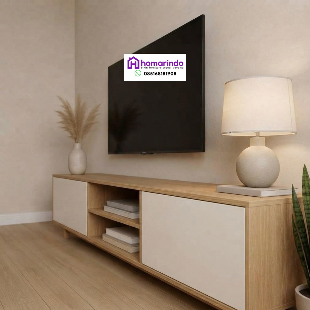 Meja TV Credenza Minimalis Modern Kayu Light Oak & Pintu Kabinet Putih Meja TV Credenza Minimalis Modern Kayu Light Oak & Pintu Kabinet Putih