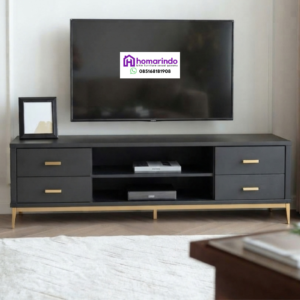 Meja TV Minimalis Modern Hitam Aksen Gold Homarindo