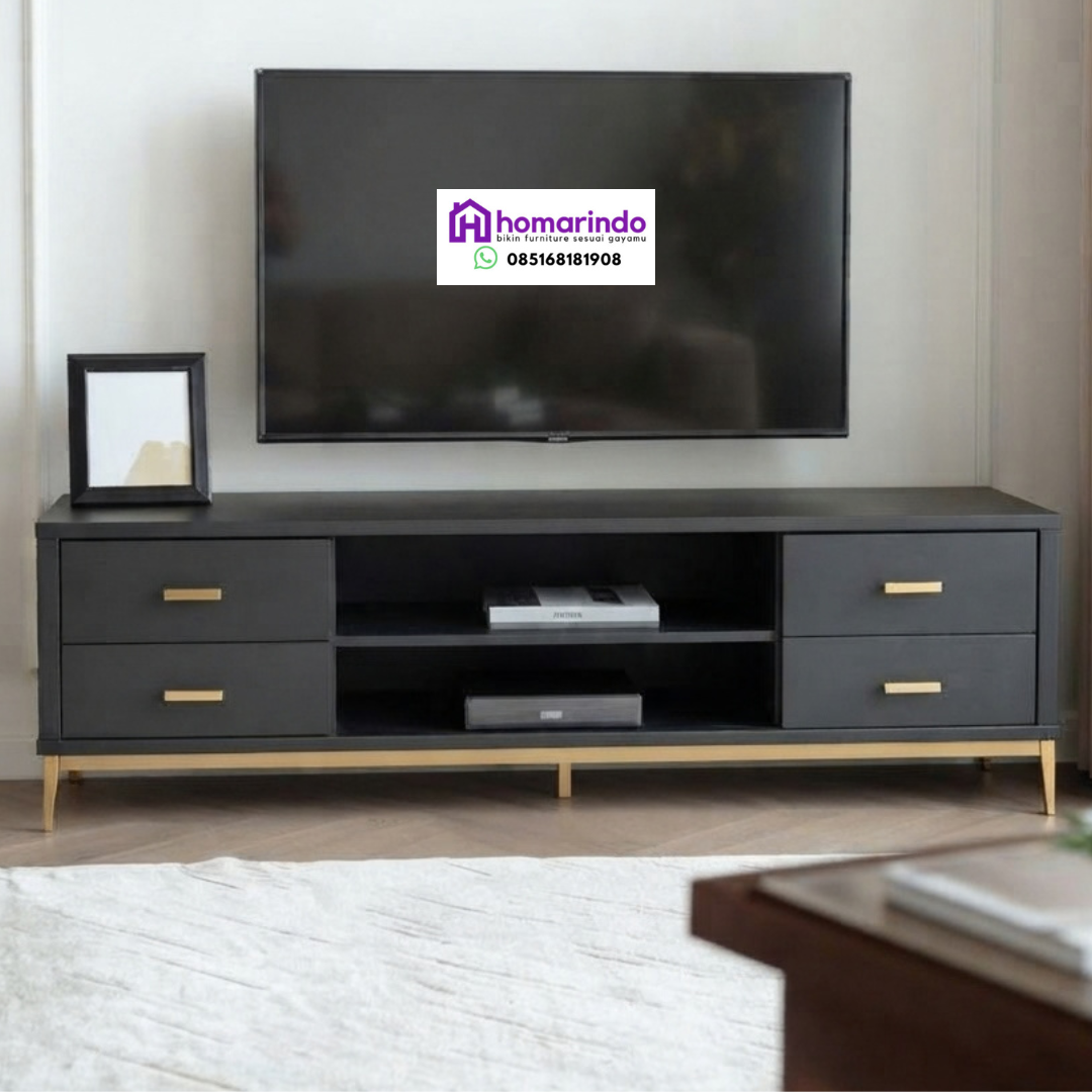 Meja TV Minimalis Modern Hitam Aksen Gold Homarindo Meja TV Minimalis Modern Hitam Aksen Gold Homarindo