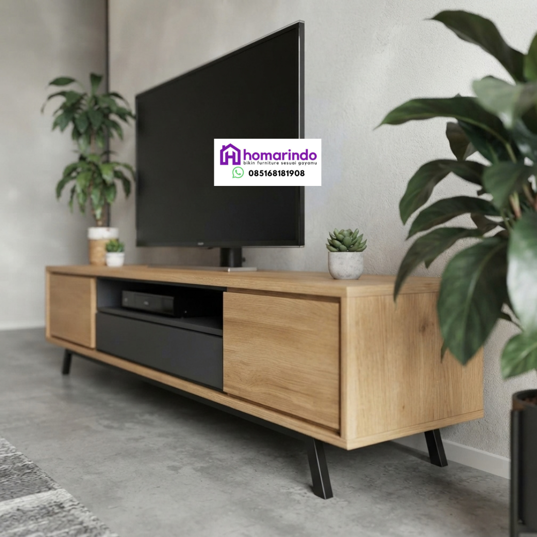 Meja TV Minimalis Modern Kayu Jati Kombinasi Laci & Pintu Elegan Meja TV Minimalis Modern Kayu Jati Kombinasi Laci & Pintu Elegan