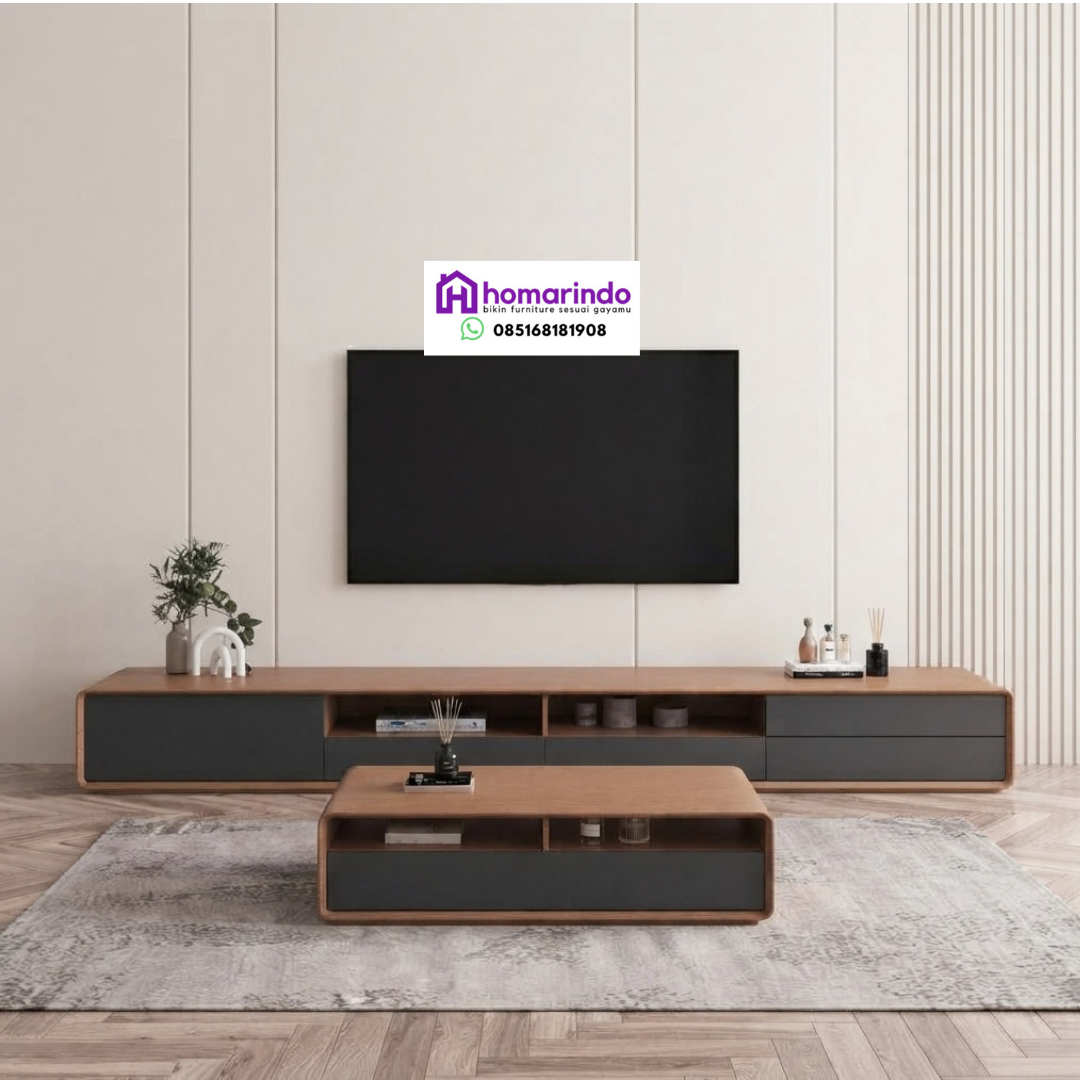 Set Credenza Meja TV Minimalis Modern dan Coffee Table Kayu Jati