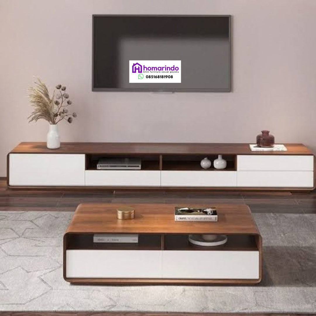 Set Meja TV dan Coffee Table Kayu Minimalis