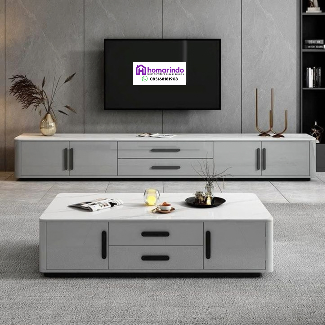 Set Meja TV dan Coffee Table Minimalis Modern Mewah Warna Putih