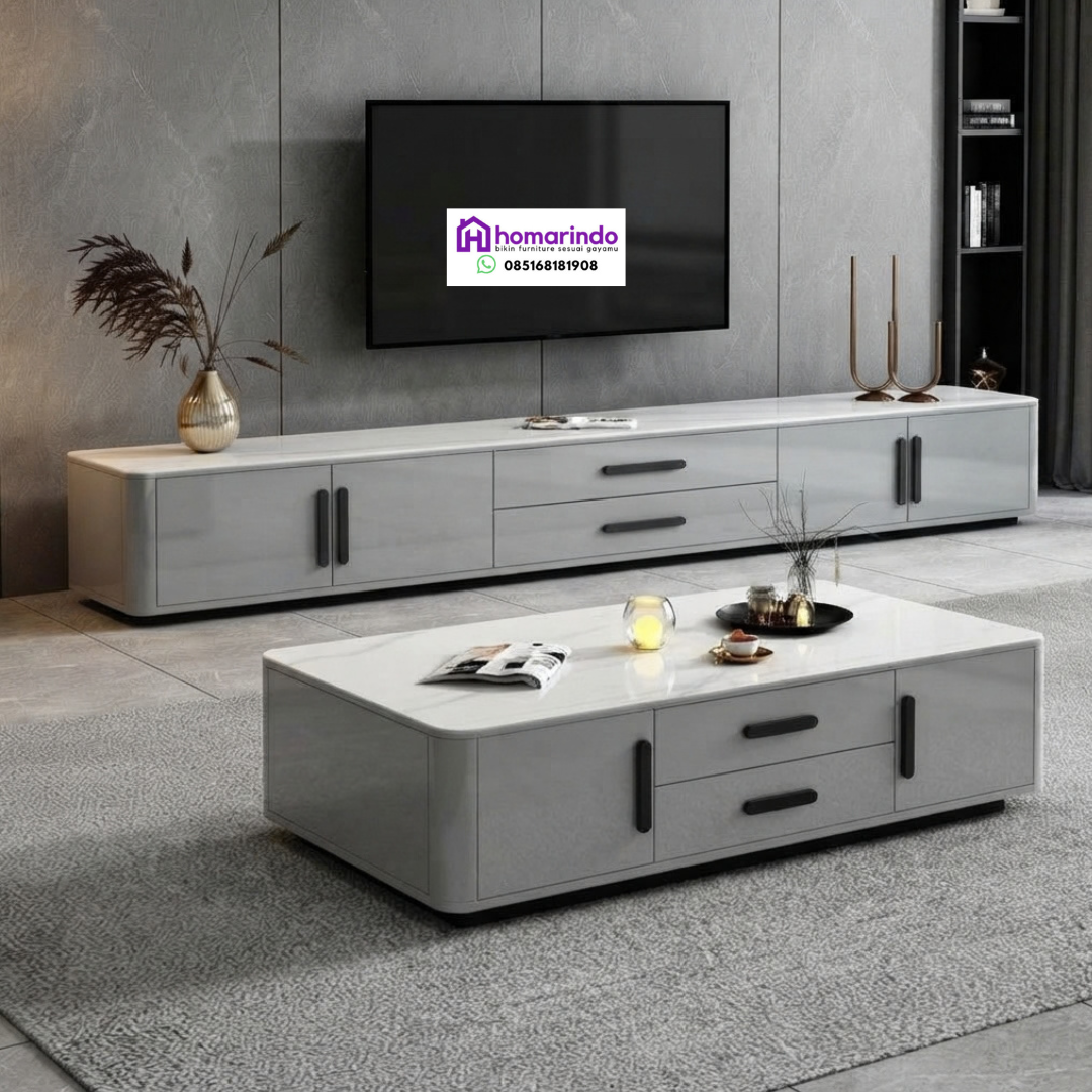 Set Meja TV dan Coffee Table Minimalis Modern Mewah Warna Putih Set Meja TV dan Coffee Table Minimalis Modern Mewah Warna Putih