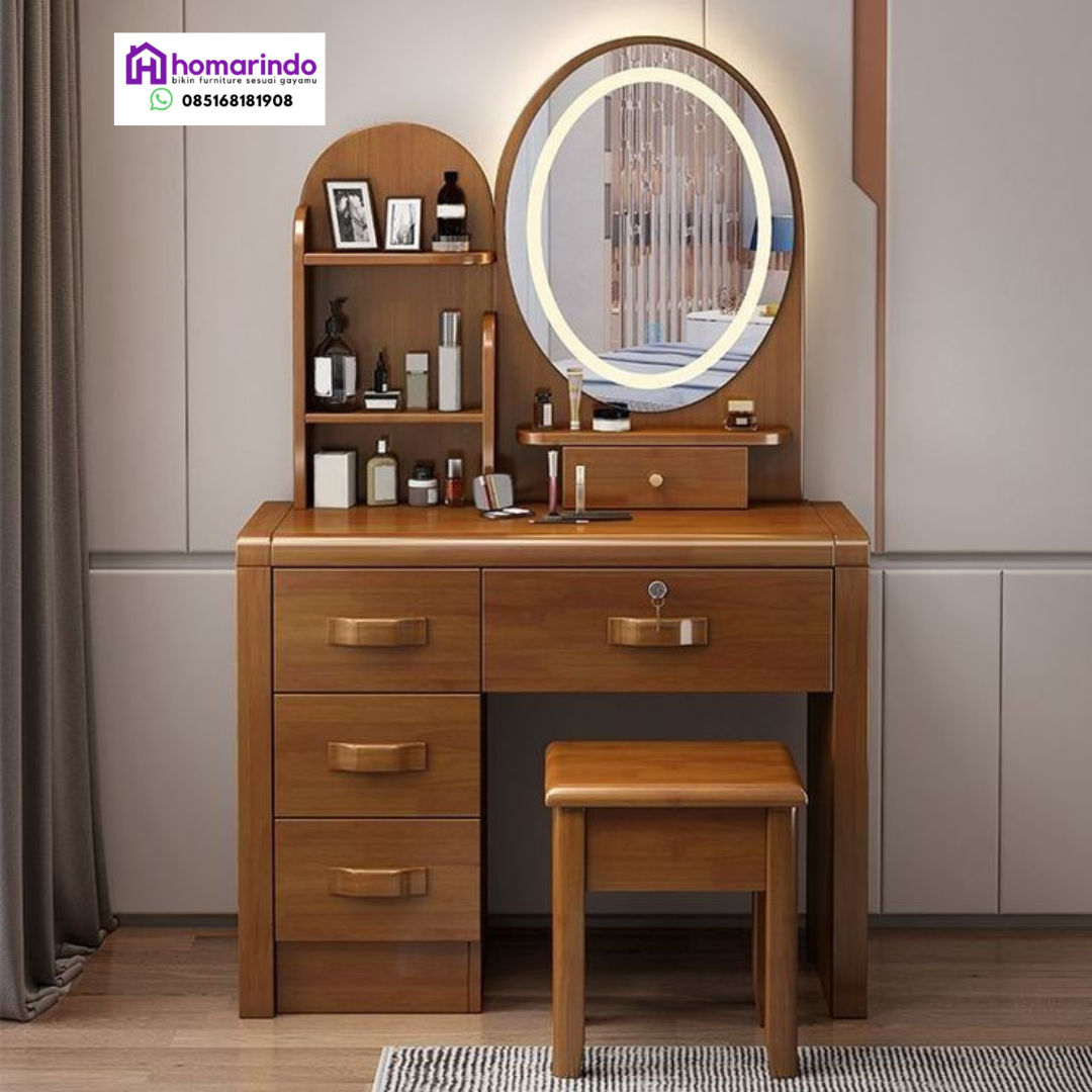 Meja Rias Minimalis Modern Kayu Jati LED Estetik Homarindo