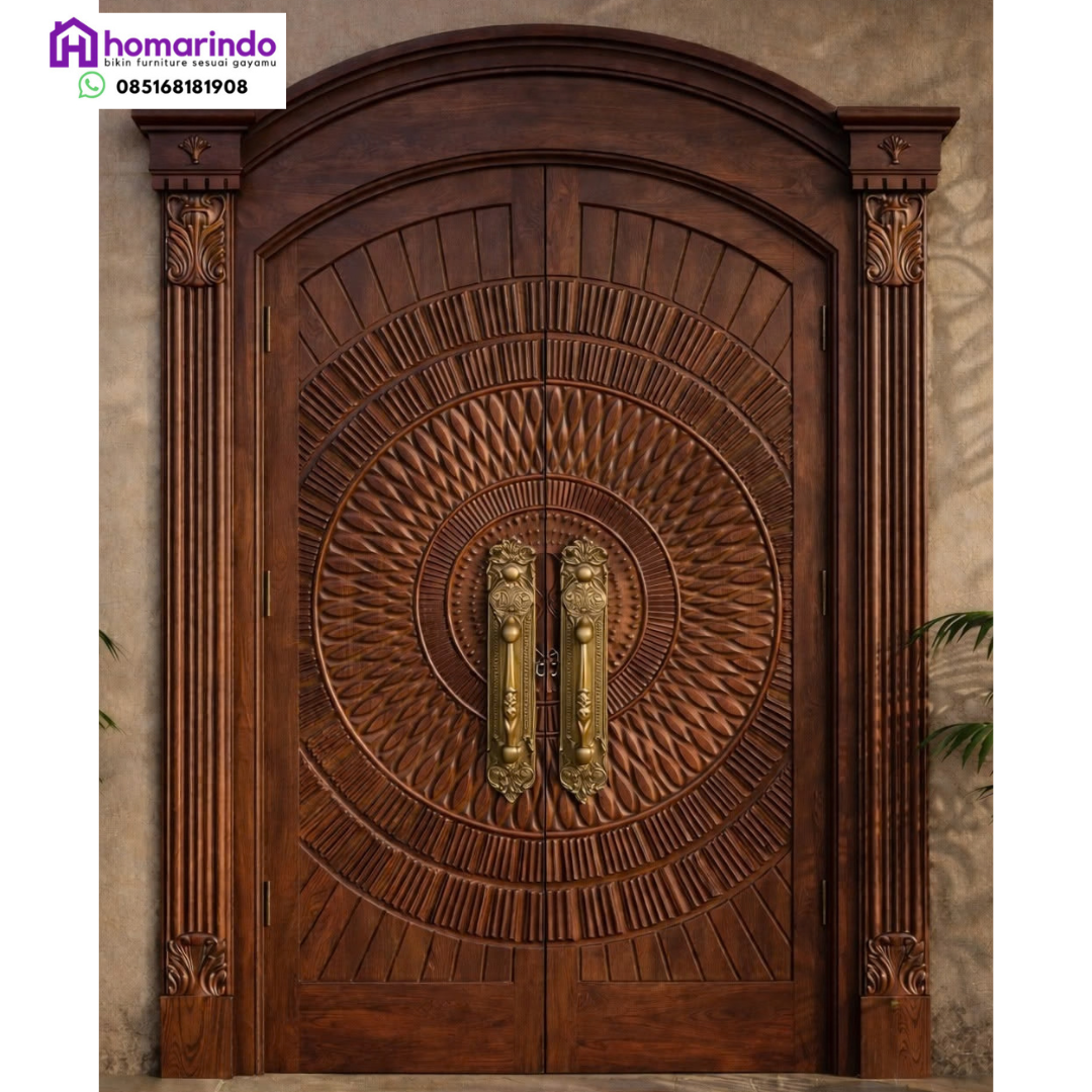 Pintu Kayu Utama Ukiran CNC Sunburst Klasik