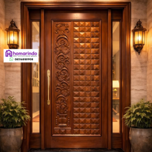 Pintu Utama Kayu Jati Ukir CNC Motif Bunga & Piramida 3D
