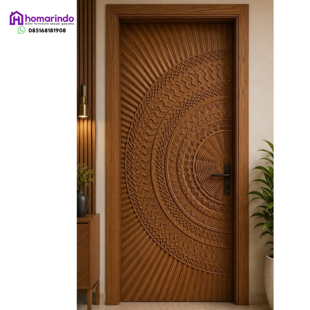 Pintu Kayu Utama CNC Ukir Radial Sunburst Ethnic Premium Homarindo