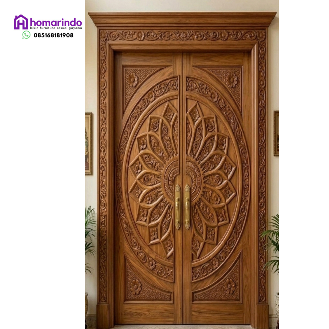 Pintu CNC Kupu Tarung Kayu Jati Ukir Motif Mandala Elegan - Homarindo