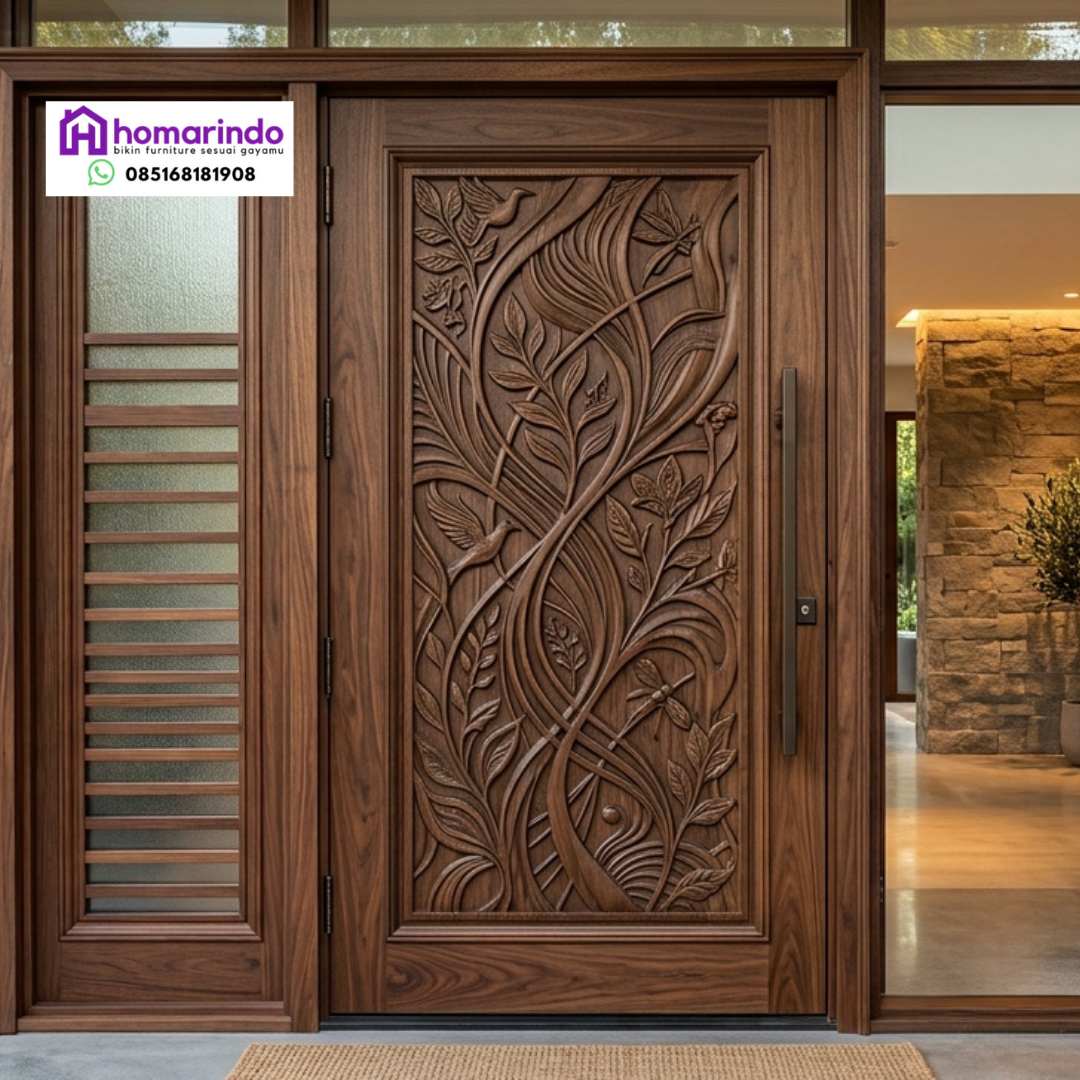 Pintu Kayu Ukir CNC Modern Motif Flora & Faunal Homarindo