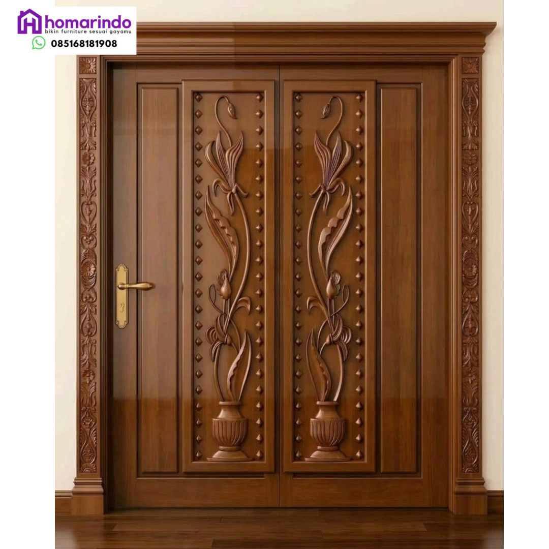 Pintu Utama Kayu Ukir CNC Motif Floral Elegan