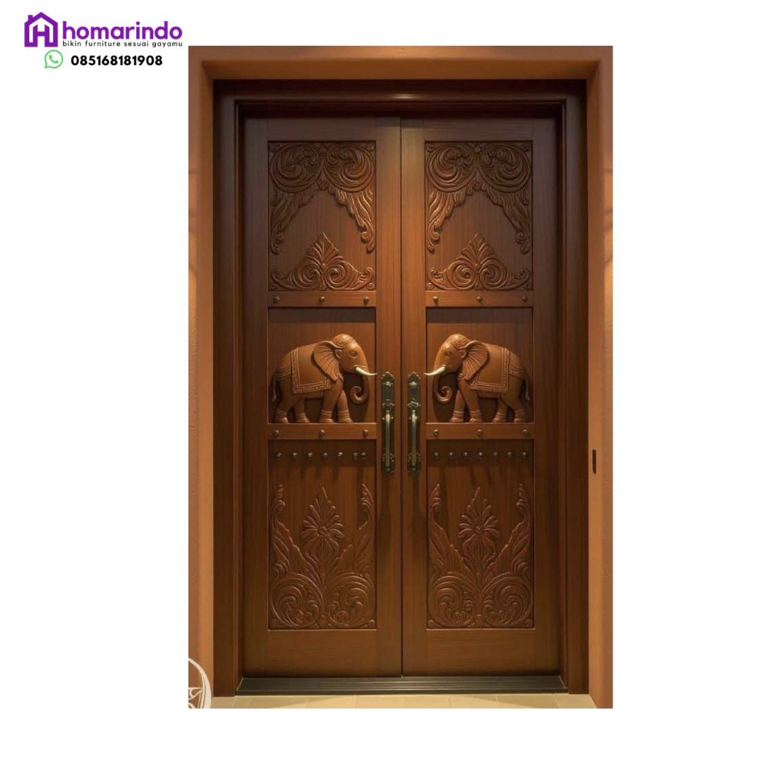 Pintu Utama Utama Kayu Ukir CNC Motif Gajah Etnik Mewah