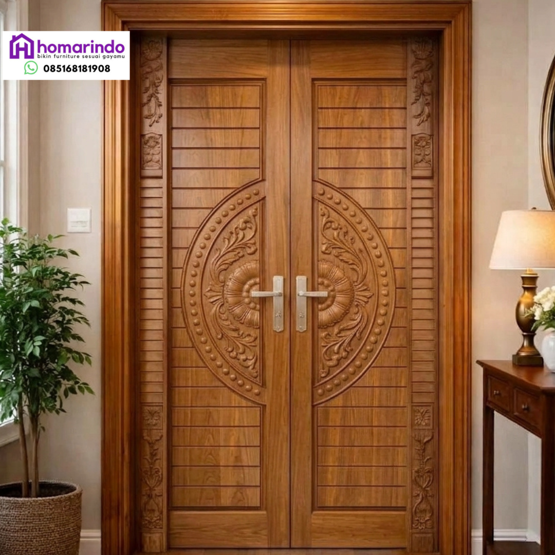 Pintu Utama Kayu Ukir CNC Motif Lingkaran Ukir Klasik Mewah