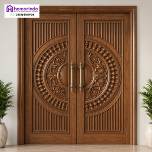 Pintu Utama CNC Kayu Jati Minimalis Ukiran Gelombang Circular Homarindo