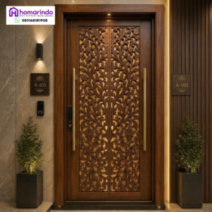 Pintu Utama CNC Kayu Jati Minimalis Ukiran Sulur Floral Homarindo 