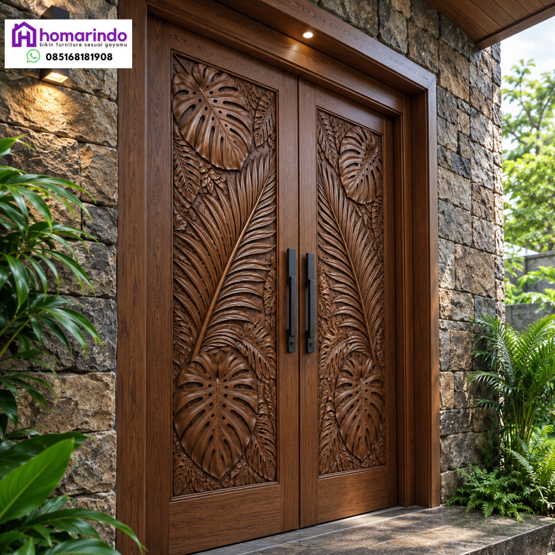 Pintu Rumah Ukir CNC Motif Daun Monstera & Palem Modern Minimalis Homarindo Pintu Rumah Ukir CNC Motif Daun Monstera & Palem Modern Minimalis Homarindo