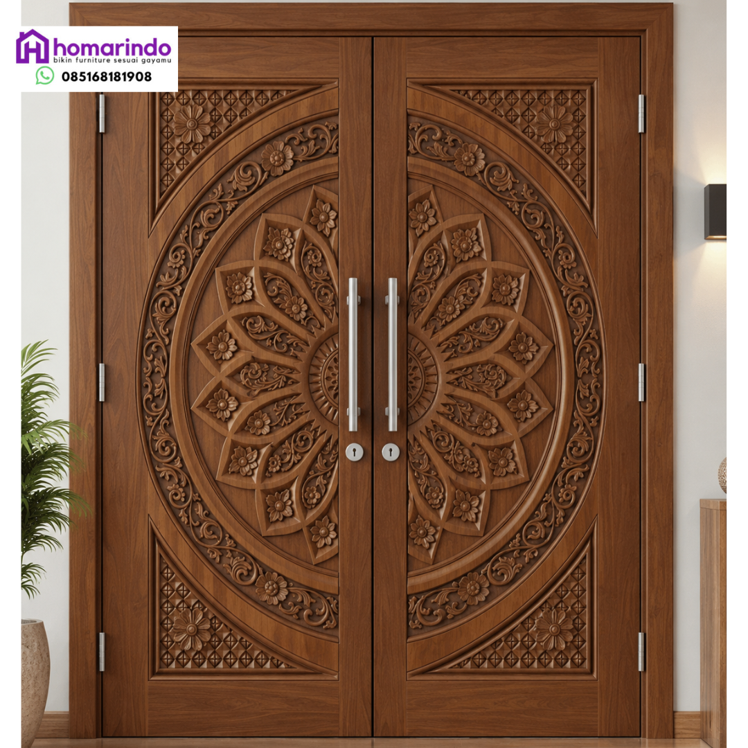 Pintu Utama Ukir CNC Kayu Jati Mewah Motif Mandala Circular - Homarindo