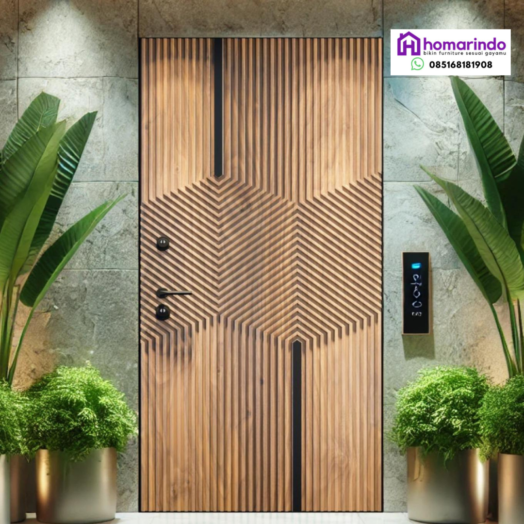 Pintu Utama CNC Kayu Jati Minimalis Ukiran Geometris Hexagonal Homarindo