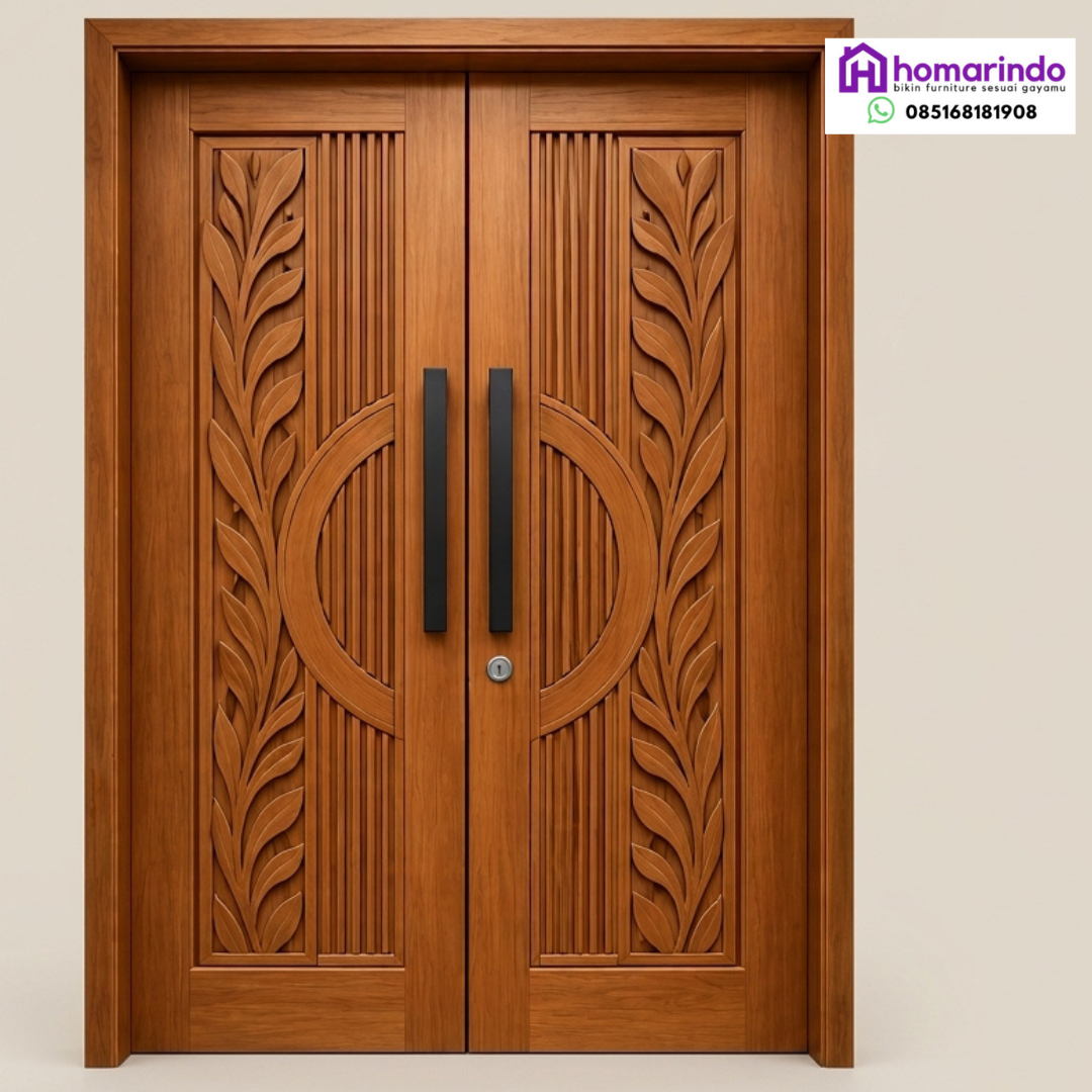 Pintu Utama CNC Kayu Jati Minimalis Ukiran Daun Modern Homarindo