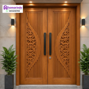 Pintu Utama CNC Double Door Kayu Jati Minimalis Modern Homarindo