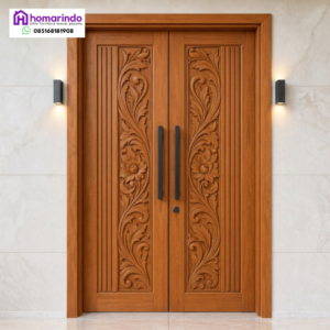 Pintu Ukir CNC Kayu Jati Mewah Motif Ukiran Bunga & Alur Garis Modern