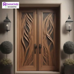 Pintu Utama Minimalis Ukir CNC Motifs Organic Wave Kayu Jati